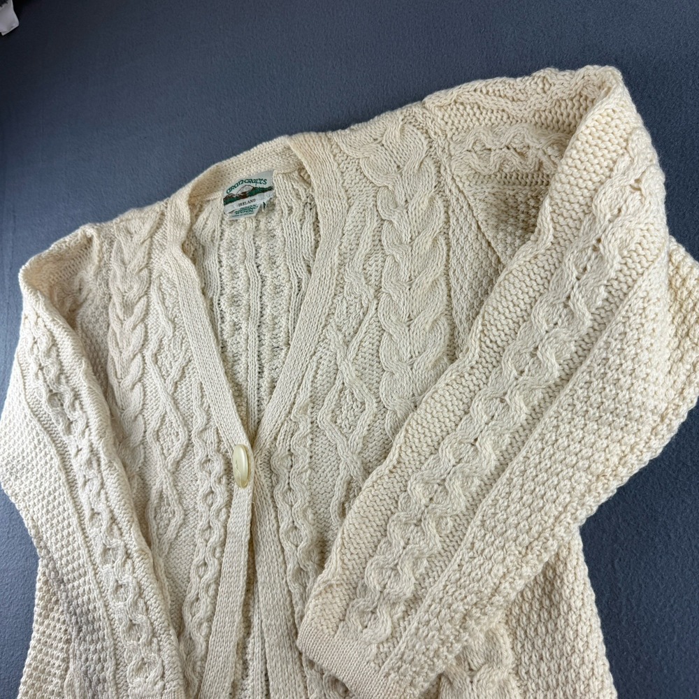 Aran Crafts Cardigan Womens M Beige Fisherman 1 Button Cable Knit Ireland Merino